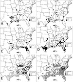 Thumbnail of Reported distribution of Aedes albopictus, the Asian "tiger mosquito," in the continental United States, 1985-1996. Maps were generated by merging the EpiInfo database into the Atlas geographic information system.