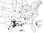 Thumbnail of Apparent relationship between the early dispersal of Aedes albopictus and the U.S. interstate highway system, 1985-1987. Map generated by merging EpiInfo database into the Atlas geographic information system.
