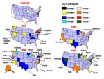 Thumbnail of Change in genetic groups of measles viruses associated with U.S. cases and outbreaks between 1988 and September 1997. Arrows indicate sources of virus, if known.