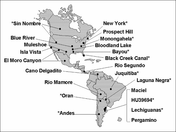 Distribution of recognized, autochthonous, New World hantaviruses. * = known human pathogens.