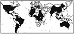 Thumbnail of Areas in which murine typhus poses a risk according to seroepidemiologic studies, case series, or imported cases in travelers (1,2,6-13).