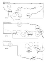 Thumbnail of Location of yellow fever vaccinating centers in three western states. The circles indicate the area within a 25-mile radius from each center (catchment areas). Only names of selected locations are shown.
