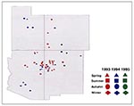 Thumbnail of Hantavirus pulmonary syndrome cases in the Four Corners region, by probable exposure site location, 1993–1995 (n = 53 cases and 52 exposure sites).