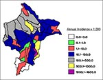 Thumbnail of Annual parasite index in Loreto, by district (per 1,000 population).