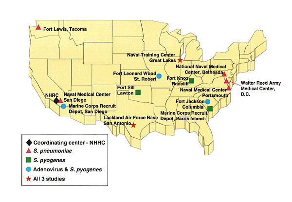 Department of Defense medical treatment facilities and recruit training camps participating in surveillance for emerging respiratory disease pathogens: invasive Streptococcus pneumoniae (typing and antibiotic sensitivity studies); Streptococcus pyogenes (typing and antibiotic sensitivity studies); and adenovirus (typing studies).