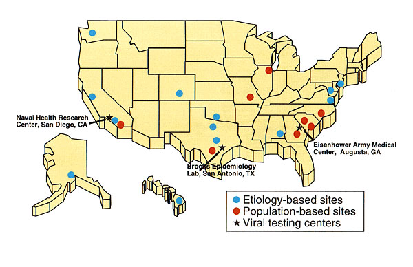 Military sites in the United States participating in Department of Defense influenza surveillance. The focus of surveillance at etiology-based sites is to determine the viral causes of influenzalike illnesses; the focus of population-based sites is to closely monitor for influenzalike illness epidemics.
