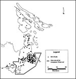 Thumbnail of Geographic distribution of the residences of women screened during pregnancy and classified as having nonacute cases of toxoplasmosis (n = 216).