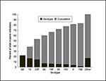 Thumbnail of Invasive pneumococcal infections among 173 children ages 2 through 5 years (24-59 months), by serotype. Bottom bar represents proportion of total invasive infections in the cohort caused by each serotype. Top bar depicts cumulative proportion of invasive infections caused by serotypes represented by the bars to the left. Serotypes in the "other" category included 19 serotypes with three or fewer isolates. Two isolates could not be serotyped.