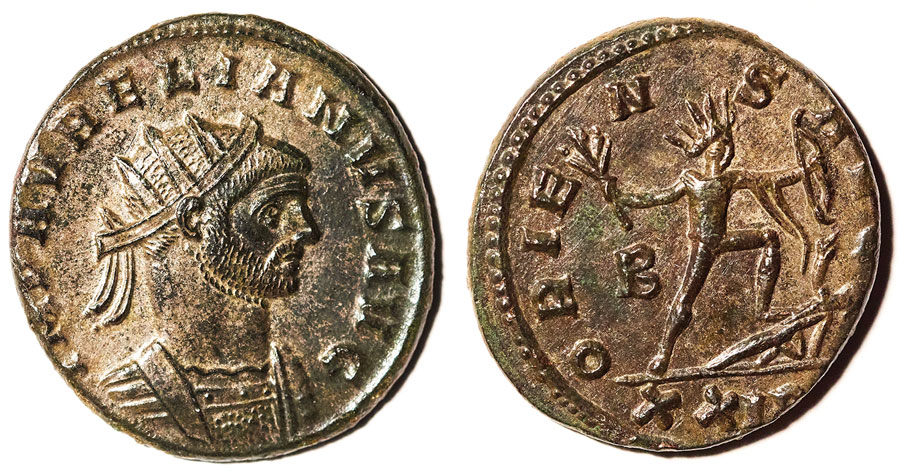 Antoninianus (2 denarii silvered bronze coin) of the Roman emperor Aurelian, 274-275 CE. Obverse:  IMP AVRELIANVS AVG [(Emperor Aurelian Augustus] Crowned and cuirassed bust of Aurelian facing right.  Reverse:  ORIENS AVG [Eastern (rising) sun Augustus]. Crowned figure of Sol Invictus [Unconquered Sun] holding laurel branch and bow, stepping on conquered enemy.  Private collection, Atlanta, Georgia.  Photography by Will Breedlove.