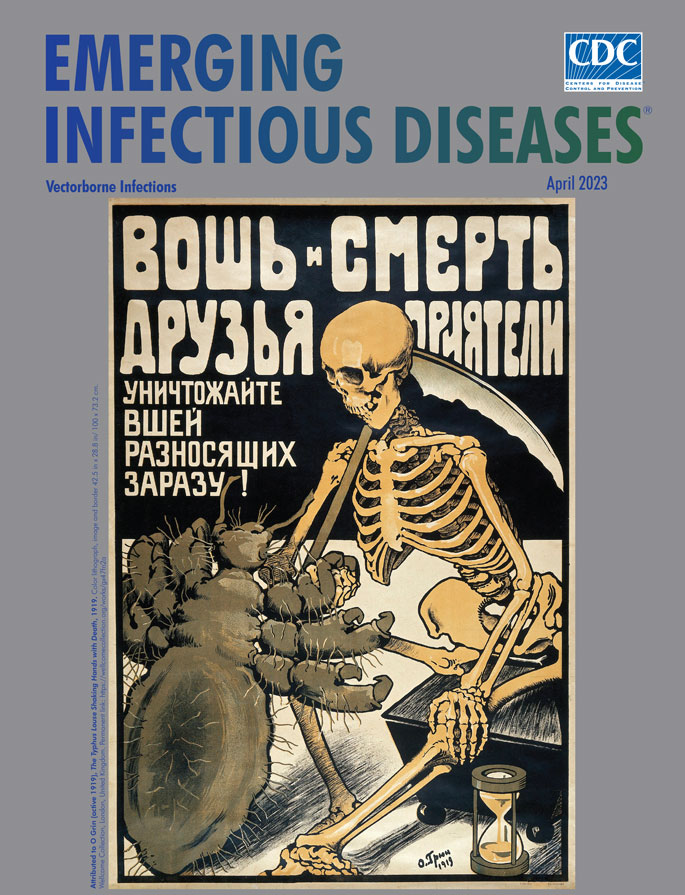 Attributed to O. Grin (active 1919), The Typhus Louse Shaking Hands with Death, 1919. Color lithograph, image and border 42.5 in x 28.8 in/100 × 73.2 cm. Wellcome Collection, London, United Kingdom. Permanent link: https://wellcomecollection.org/works/gx47fn2a