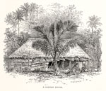 A late 19th-century artist’s depiction of a standard fale, showing roll-down screens or weather blinds, called pola.