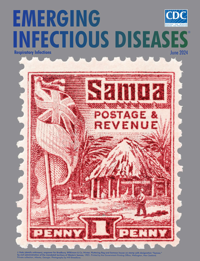 Fluttering flag and Samoan house on stamp with designation “Samoa,” by civil administration of the mandated territory of Western Samoa, 1921. Engraver: J. Potts of Bradbury, Wilkinson & Co. Printer: Government Printing Office at Wellington, New Zealand.