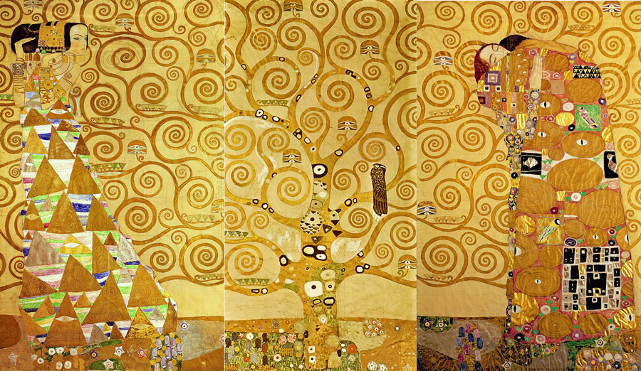 Stoclet Frieze by Gustav Klimt, depicting a standing female figure, a central panel known as The Tree of Life, and a couple embracing.