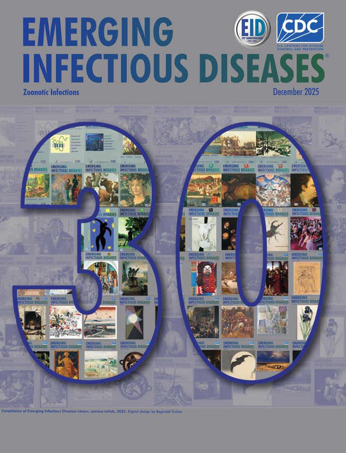 Compilation of Emerging Infectious Diseases covers, various artists, 2025. Digital design by Reginald Tucker.