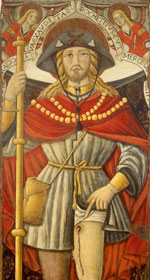 An image of Saint Roch, a French pilgrim and plague saint from the 14th Century, by an unknown painter (ca. 15th–16th Century). The painting shows what is likely a Guinea worm emerging from his leg. Source: Wikimedia Commons.