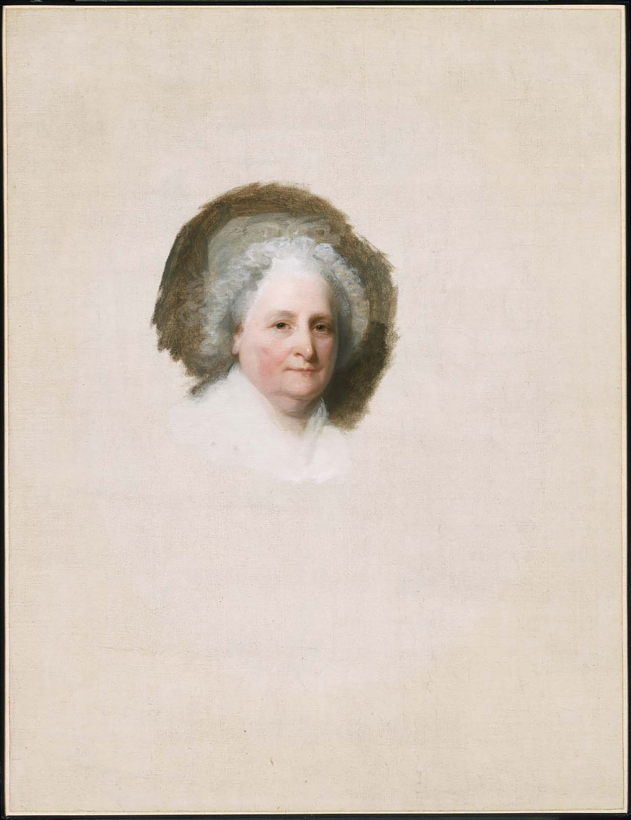 Gilbert Stuart, Martha Washington, 1796 (detail). Oil on canvas. 121.9 cm × 94.3 cm (48 in × 37 in). National Portrait Gallery, Washington, DC, USA. Co-owned by the Museum of Fine Arts, Boston, Massachusetts, USA.