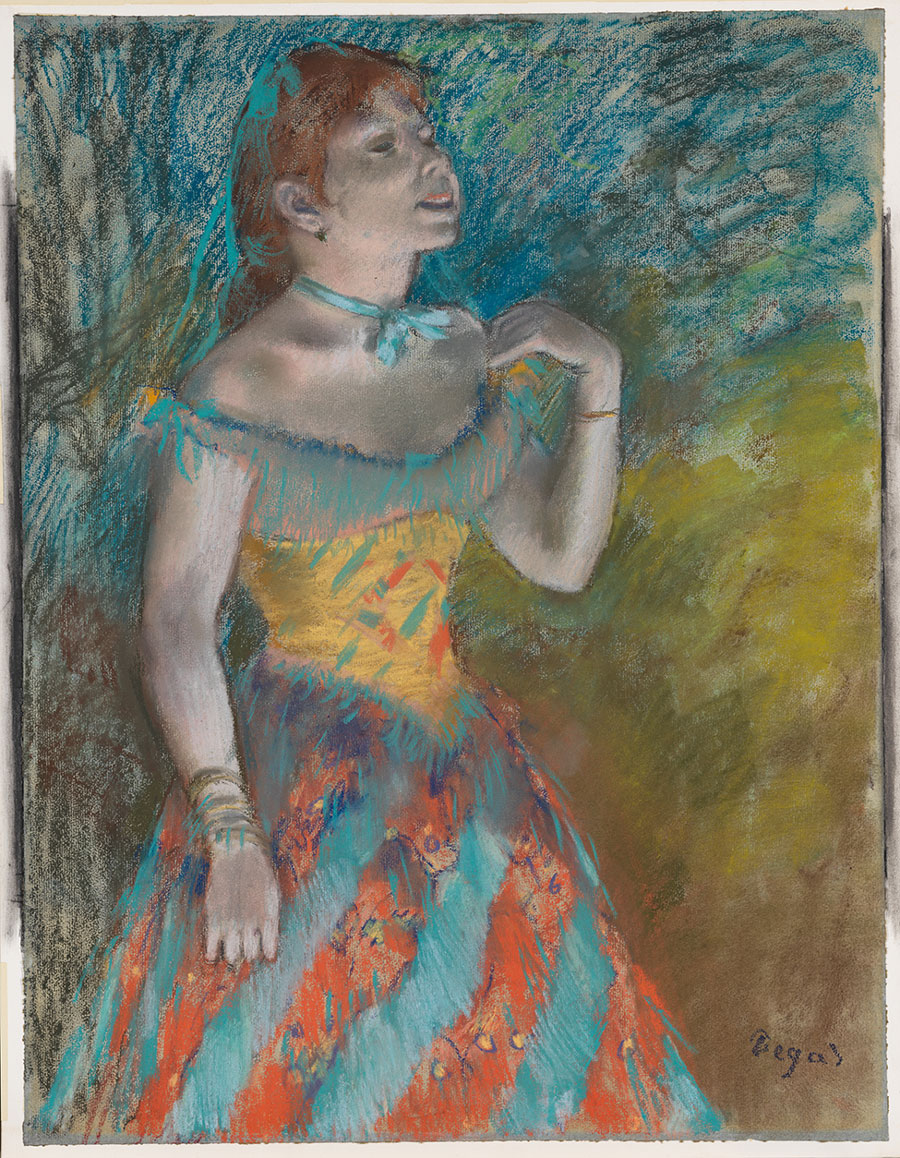Edgar Degas, The Singer in Green, 1884, Pastel on light blue laid paper. 60.3 × 46.4 cm (23.75 × 18.25 in). Metropolitan Museum of Art, New York, New York, USA.