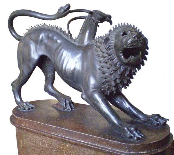 Etruscan bronze statue depicting the legendary monster, the Chimera. National Archaeological Museum, Florence.  Photograph by Lucarelli (Wikimedia Commons) 