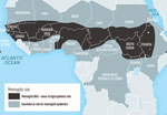 Thumbnail of Areas with frequent epidemics of meningococcal meningitis. Data source:  World Health Organization, Geneva, Switzerland, 2012.