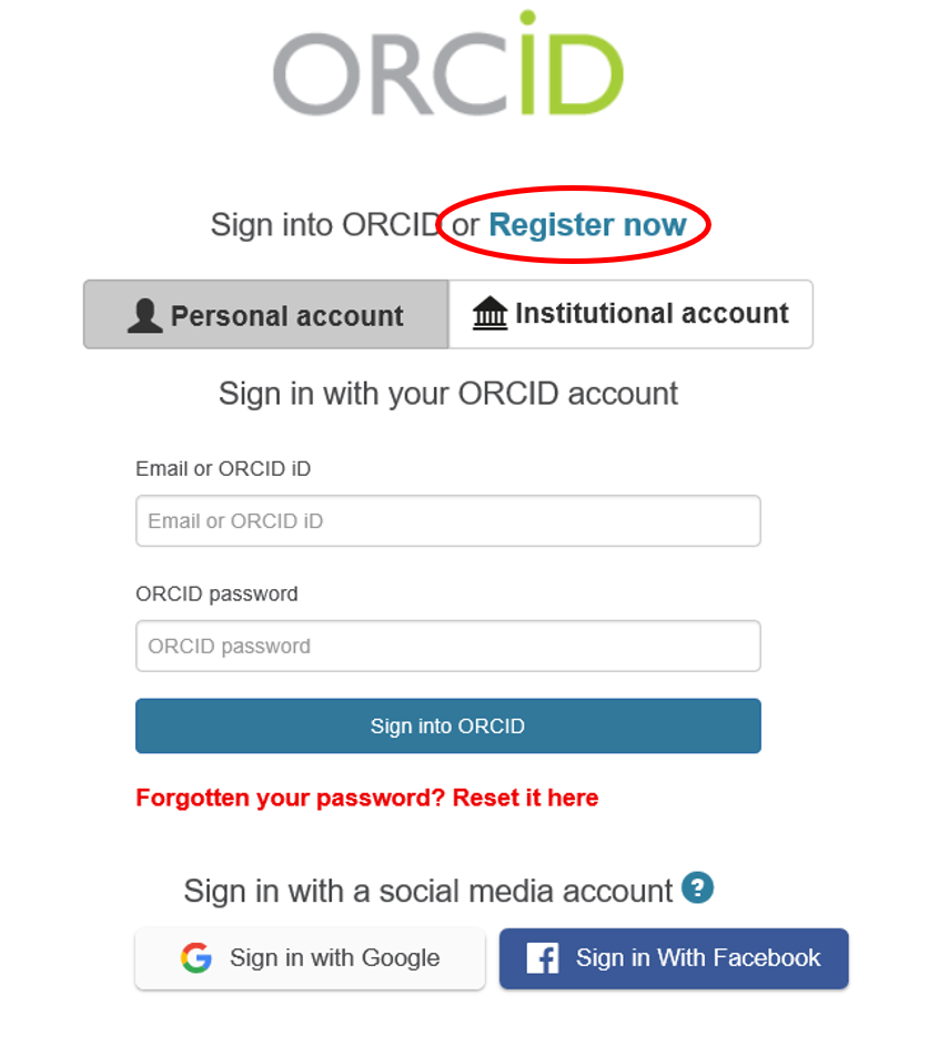 Registration page for ORCID iD