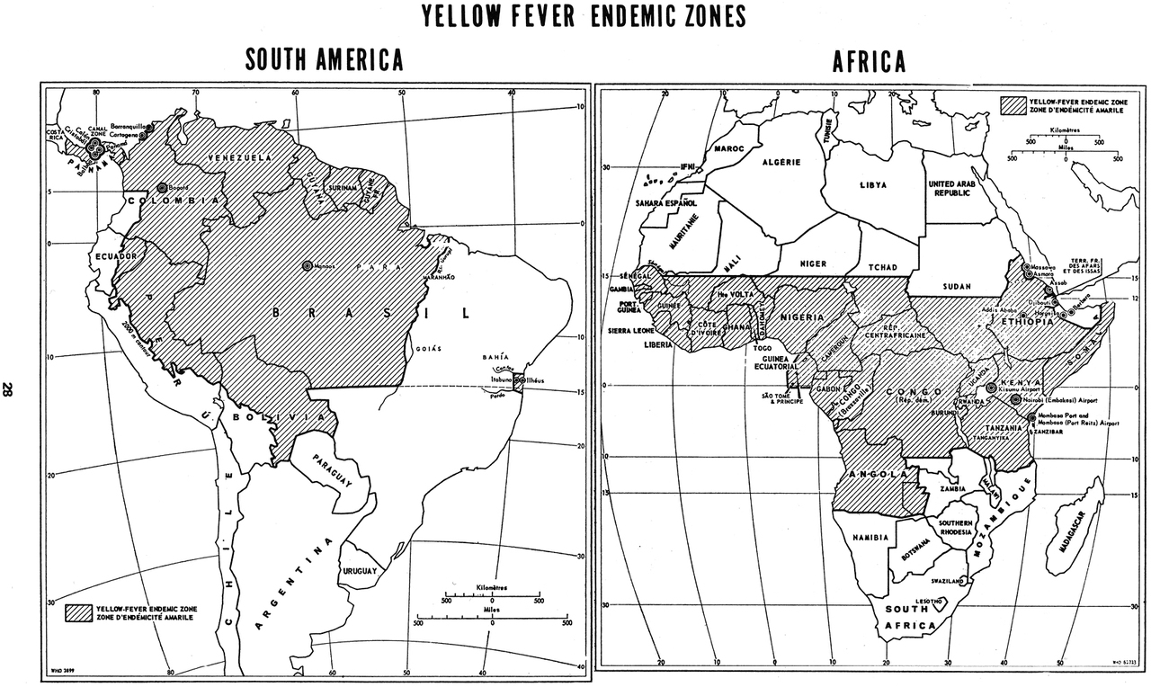 Figure 1-02. Reprint of yellow fever endemic zones map from Health Information for International Travel 1977 (CDC 1977)