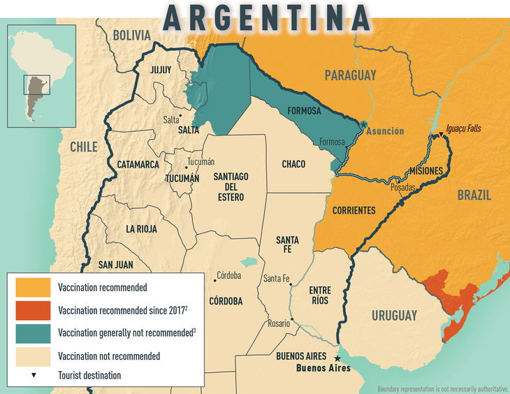 Map 2-01 Yellow fever vaccine recommendations for Argentina & neighboring countries