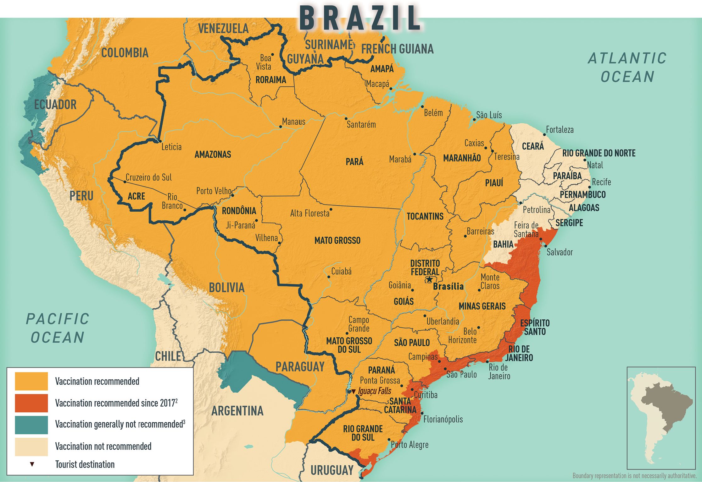 Map 2-03 Yellow fever vaccine recommendations for Brazil & neighboring countries