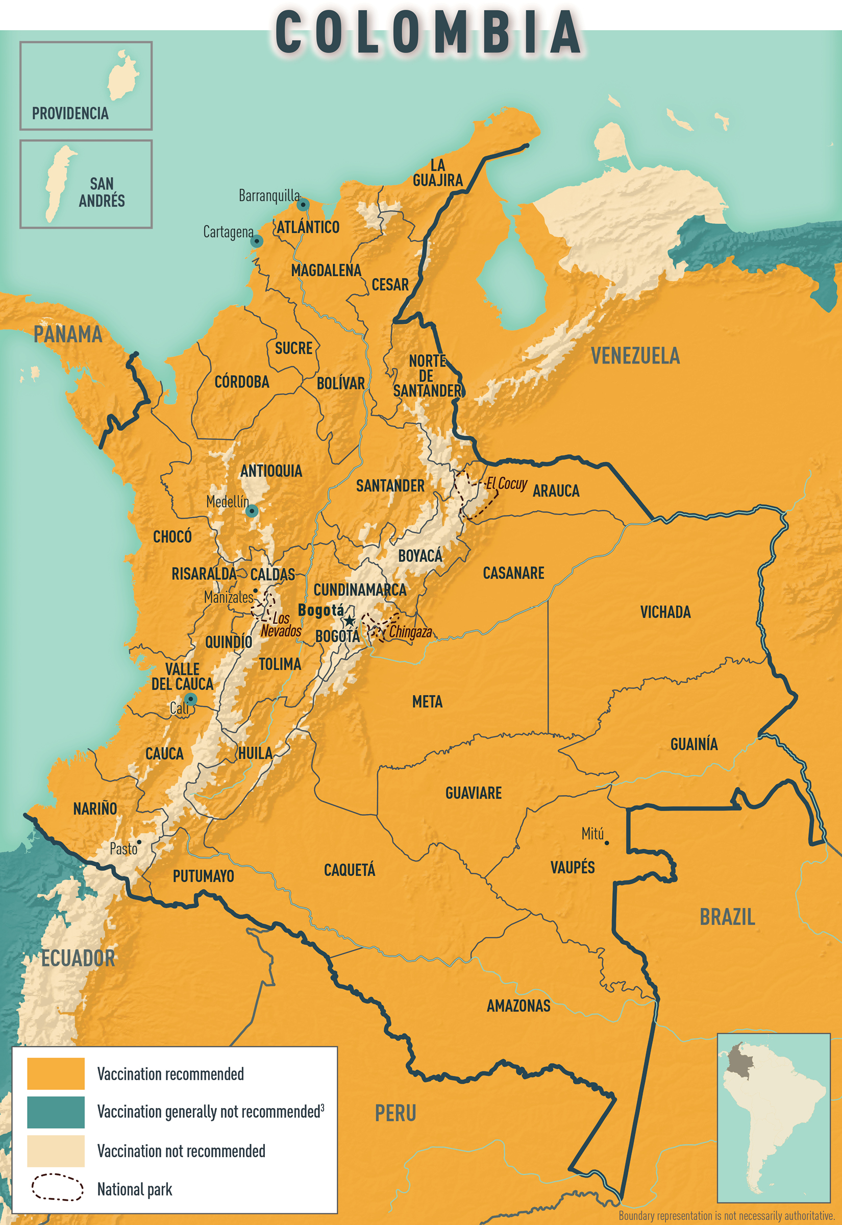 Map 2-05 Yellow fever vaccine recommendations for Colombia & neighboring countries
