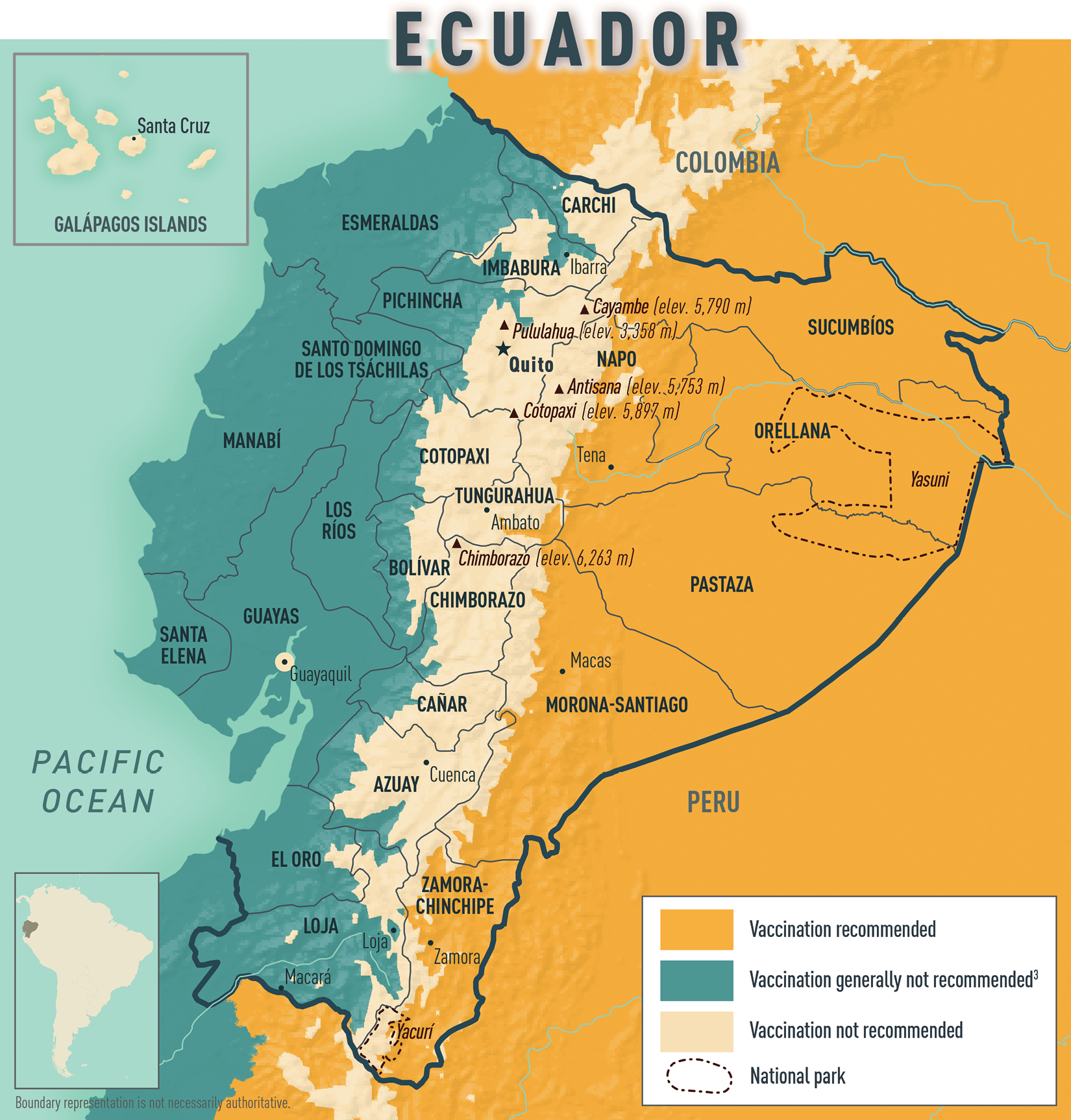 Map 2-06 Yellow fever vaccine recommendations for Ecuador & neighboring countries