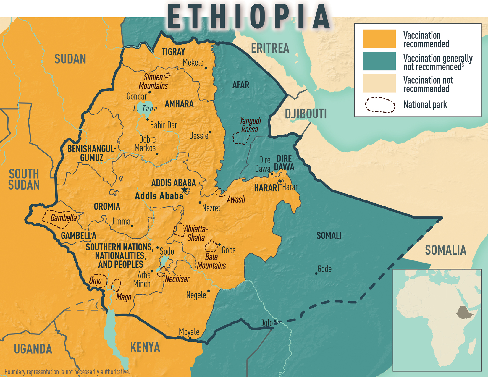 Map 2-07 Yellow fever vaccine recommendations for Ethiopia & neighboring countries
