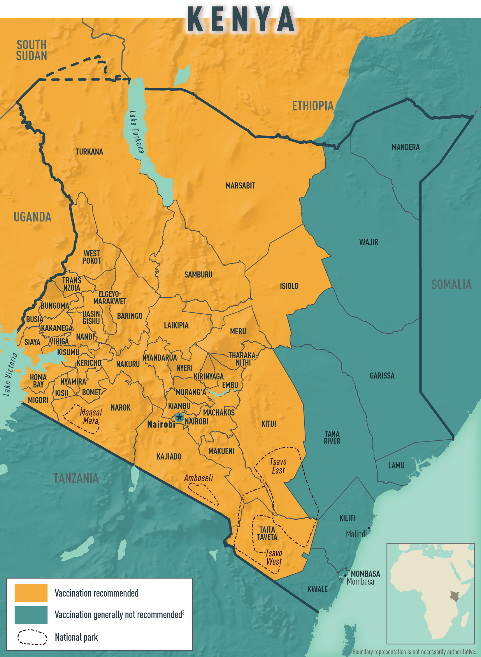Map 2-08 Yellow fever vaccine recommendations for Kenya & neighboring countries
