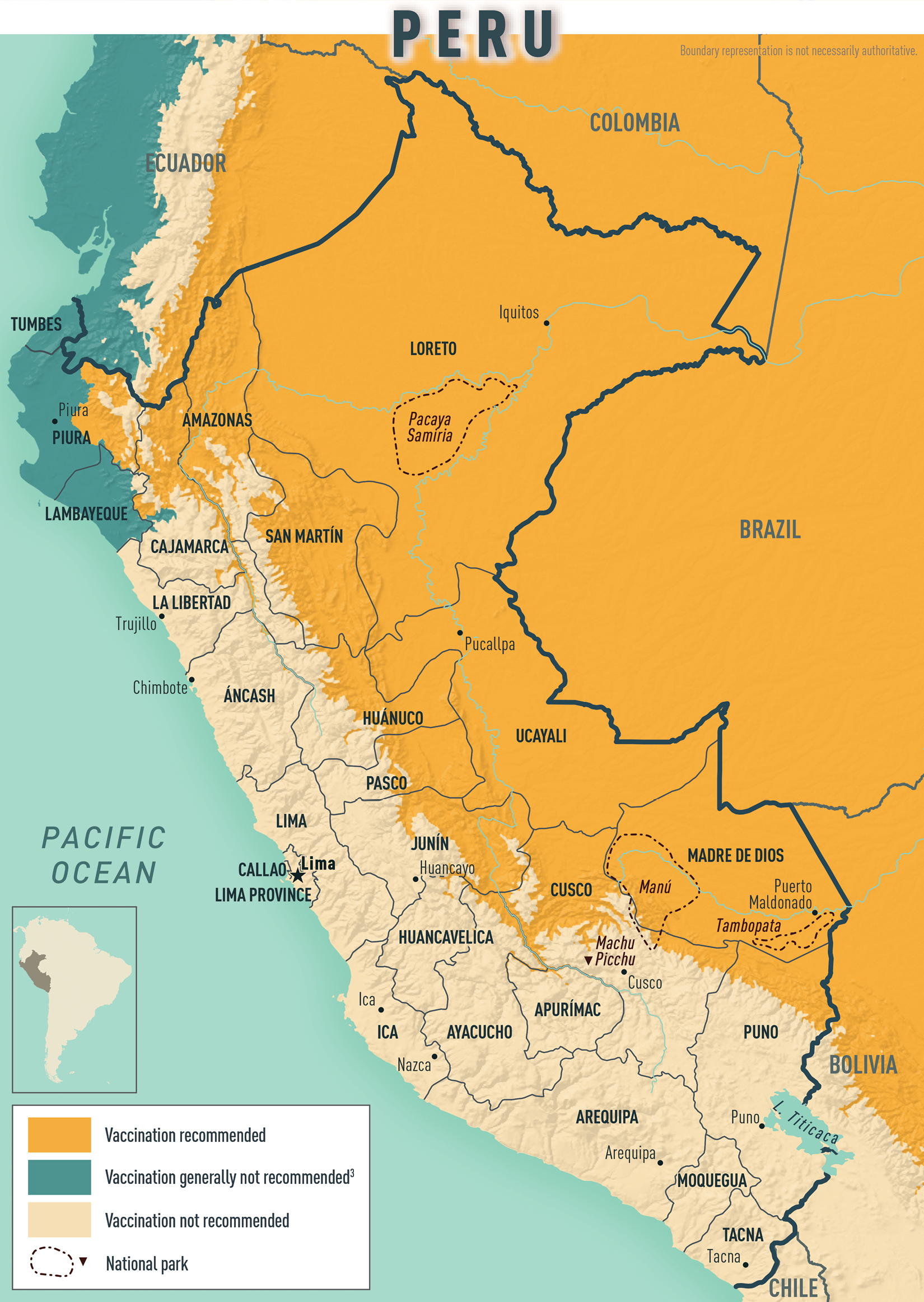 Map 2-13 Yellow fever vaccine recommendations for Peru & neighboring countries