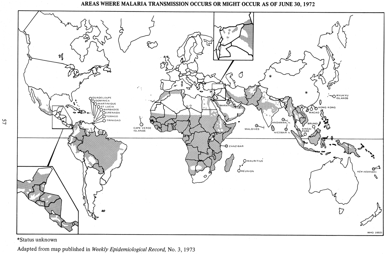 Figure 1-01. Reprint of malaria map from Health Information for International Travel 1974 (CDC 1974)