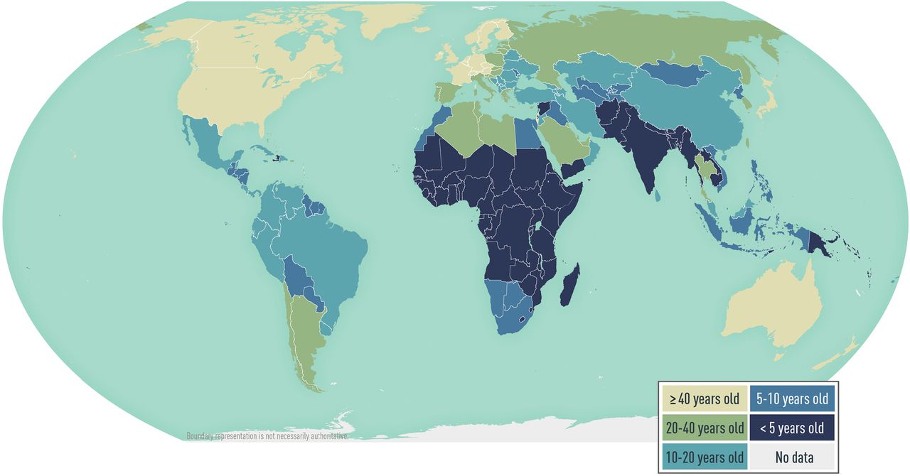 Map 5-06 Estimated age at midpoint of population immunity (AMPI) to hepatitis A, by country