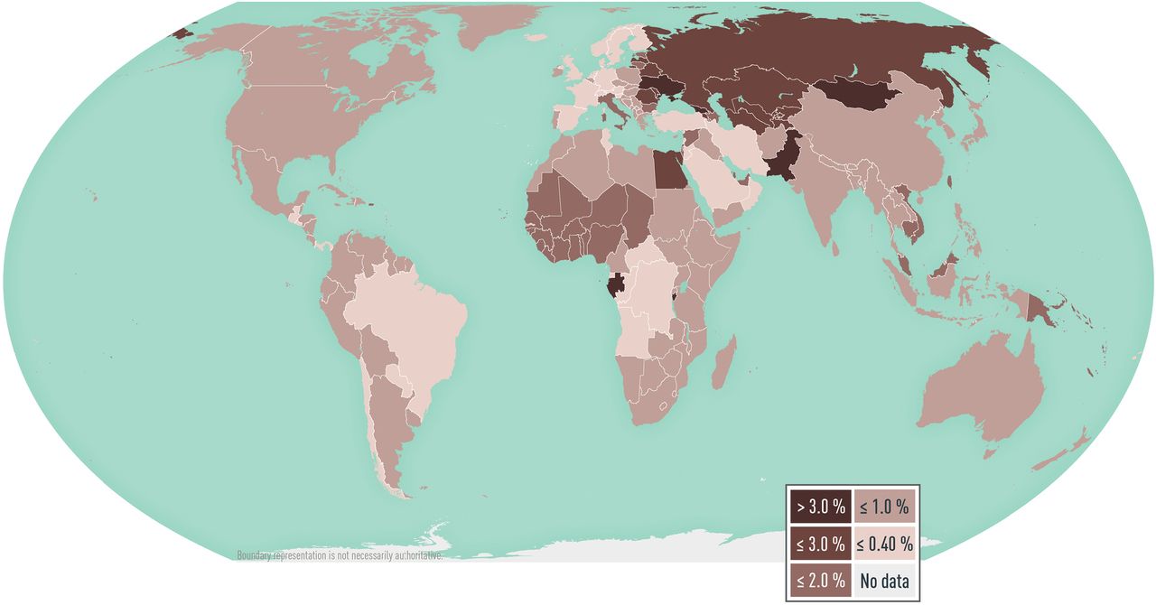Map 5-08 Worldwide prevalence of hepatitis C viremia, 2019