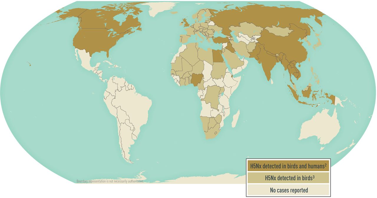 Map 5-09 Global distribution of highly pathogenic avian influenza A (H5Nx) virus1