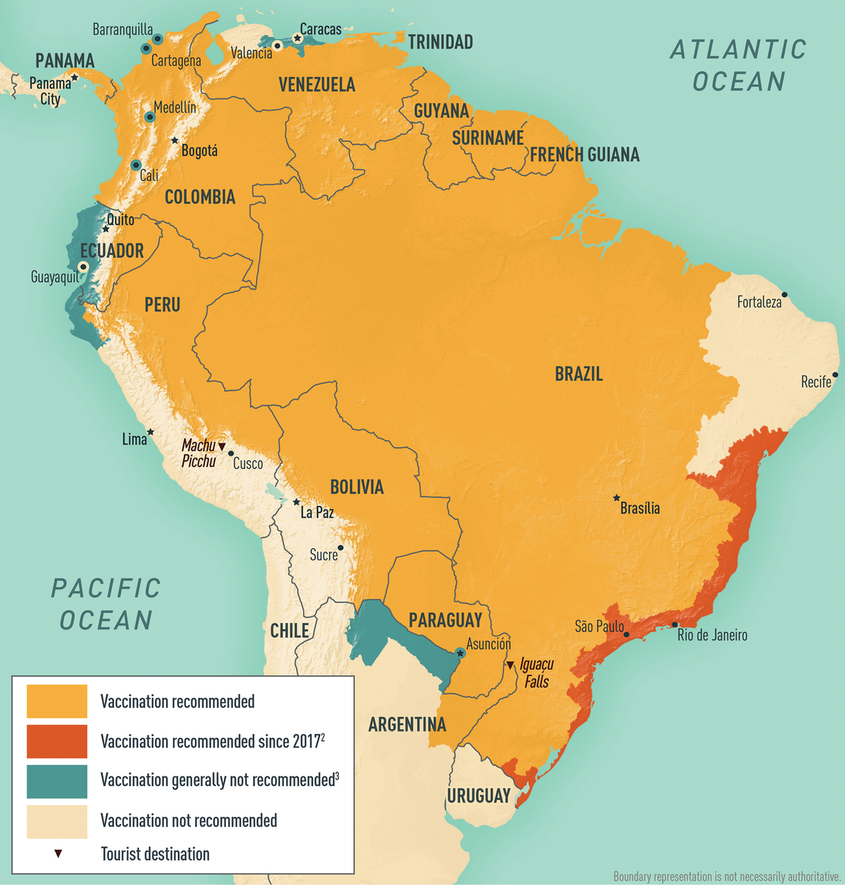 Map 5-11 Yellow fever vaccine recommendations for the Americas