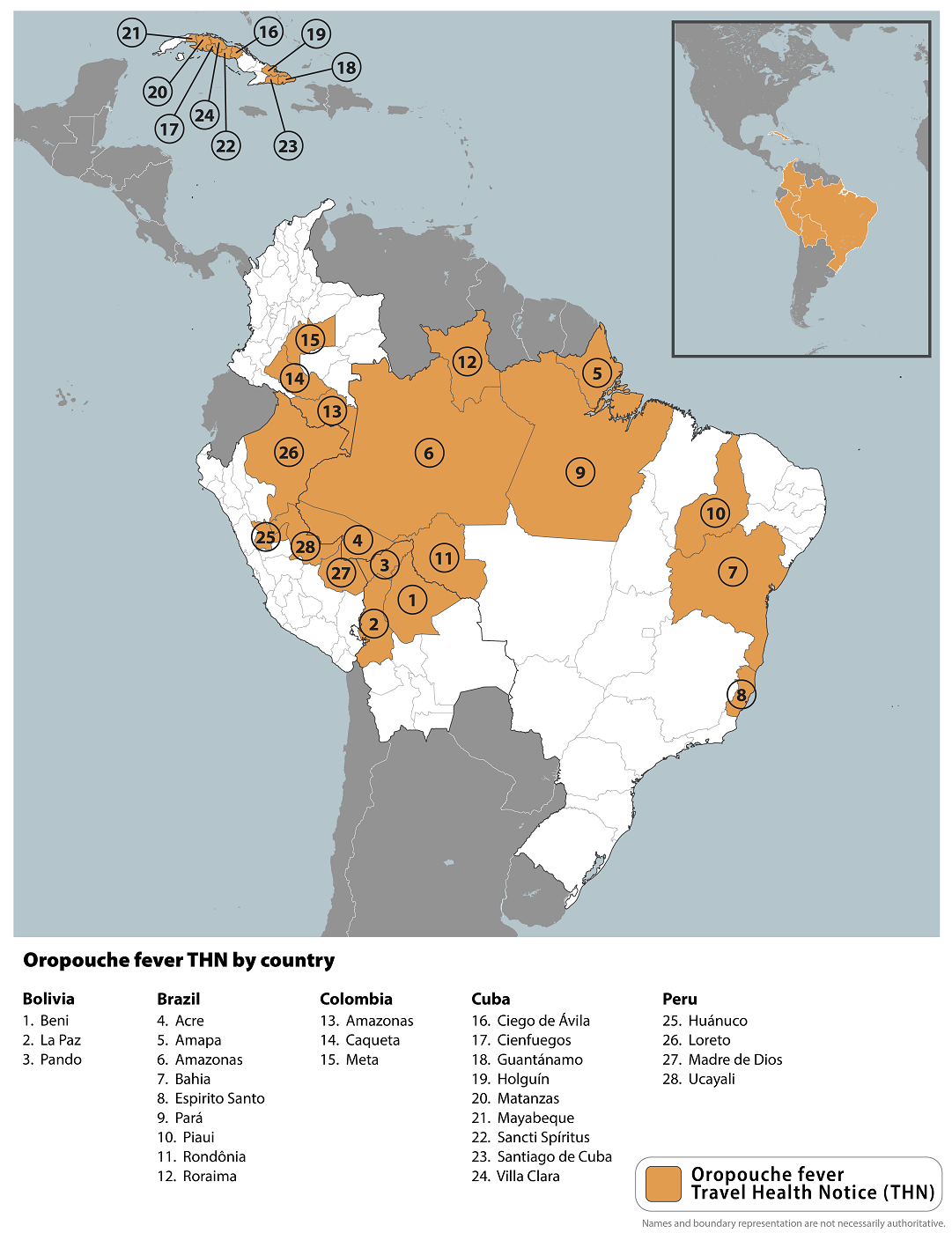 Areas of Brazil, Bolivia, Peru, Colombia, and Cuba with outbreaks of Oropouche fever