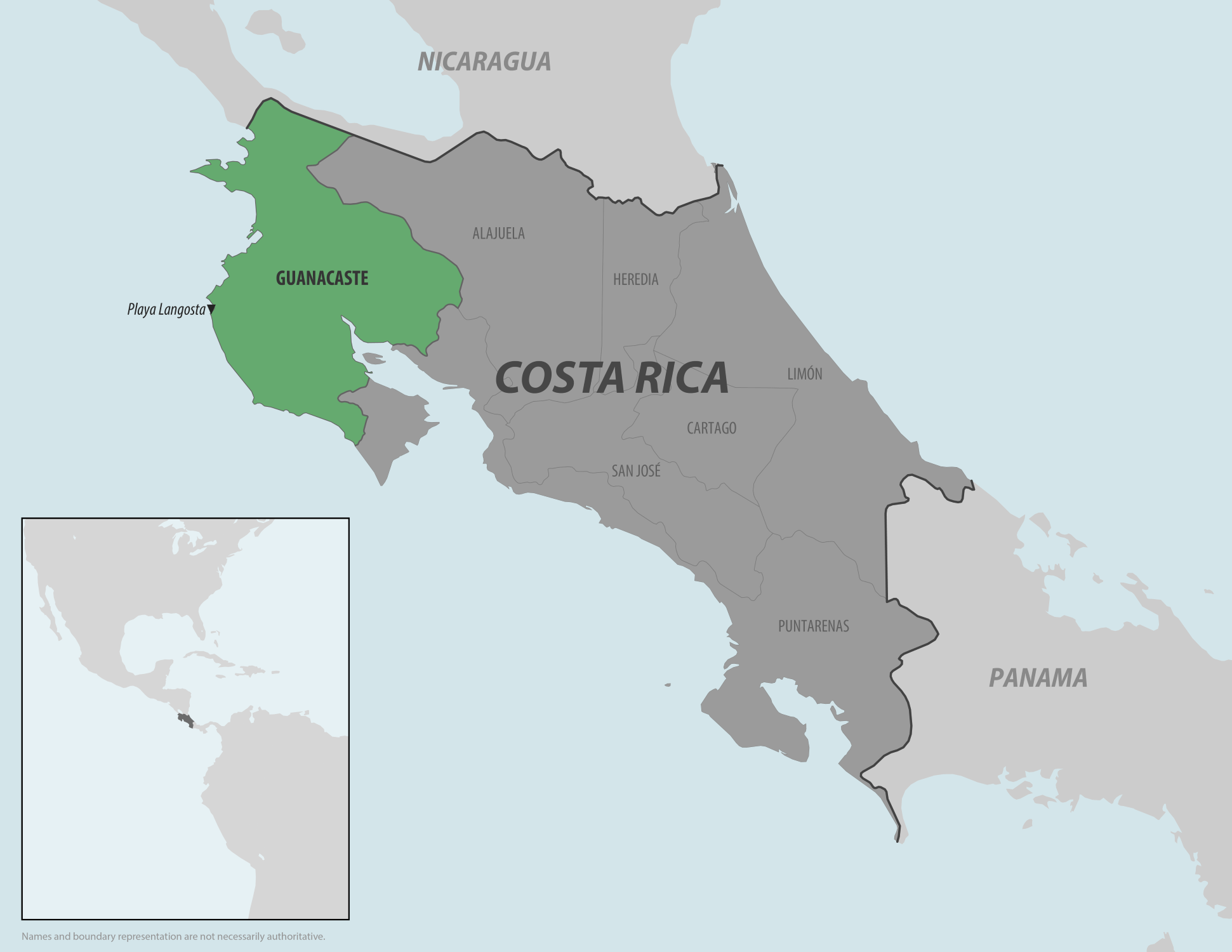 Costa Rica showing Guanacaste province (Playa Langosta) as location of chikungunya outbreak