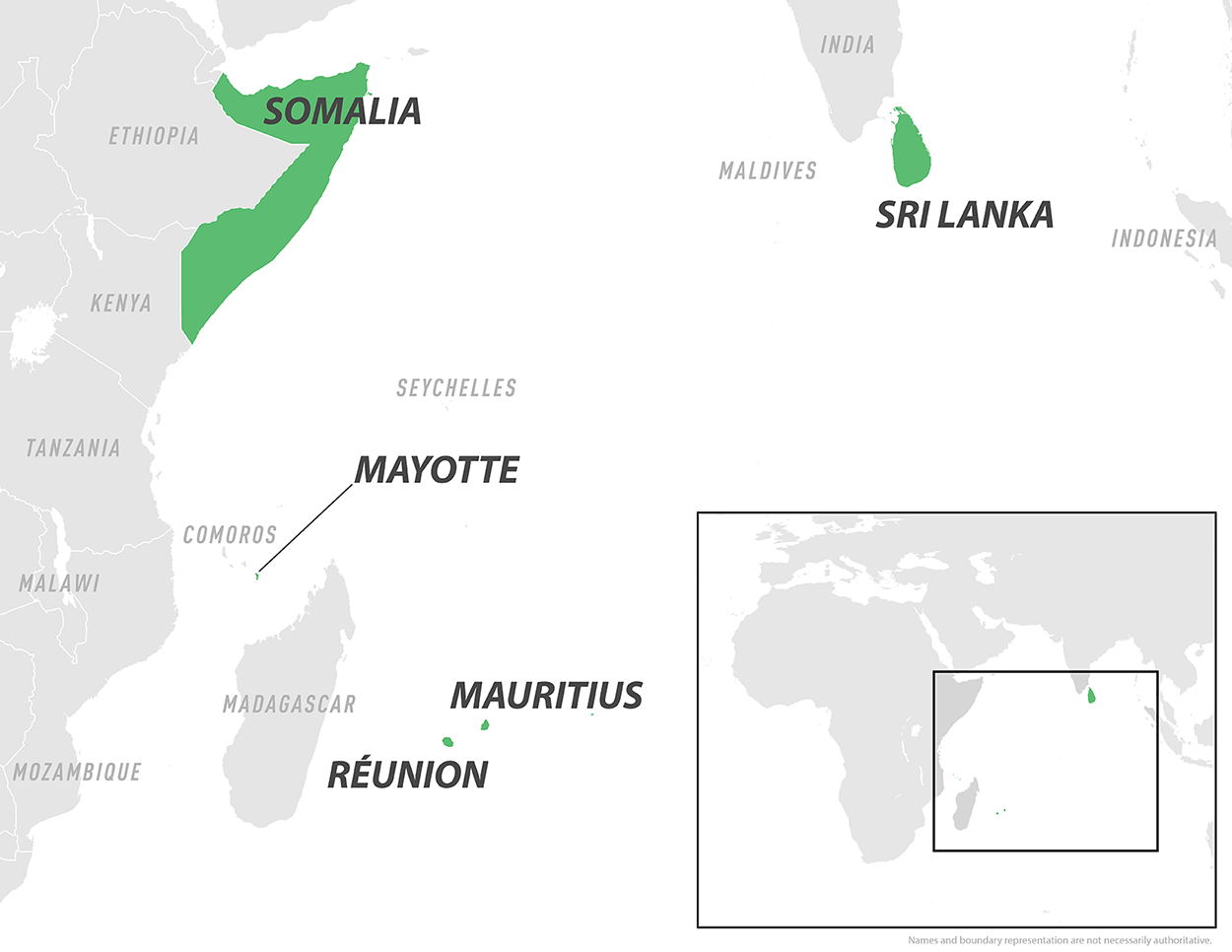 Map: Réunion, Mayotte, Mauritius, and Sri Lanka