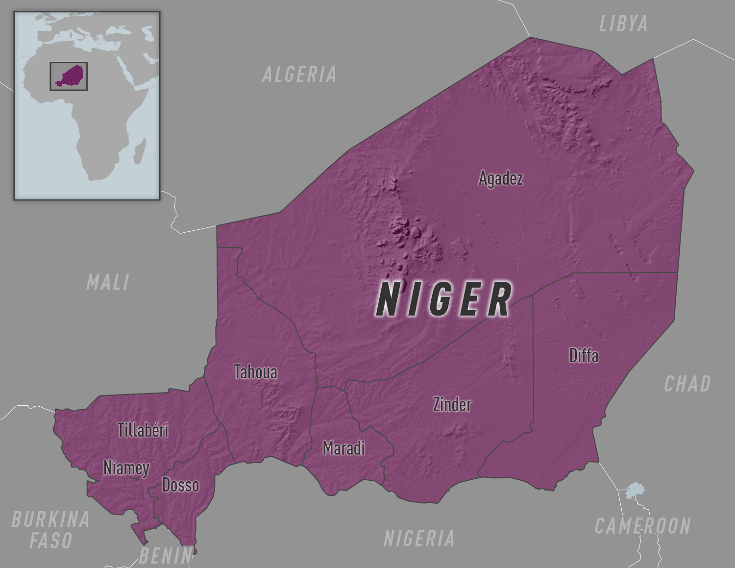 Map: Purple indicates the area of the diphtheria outbreak in Niger