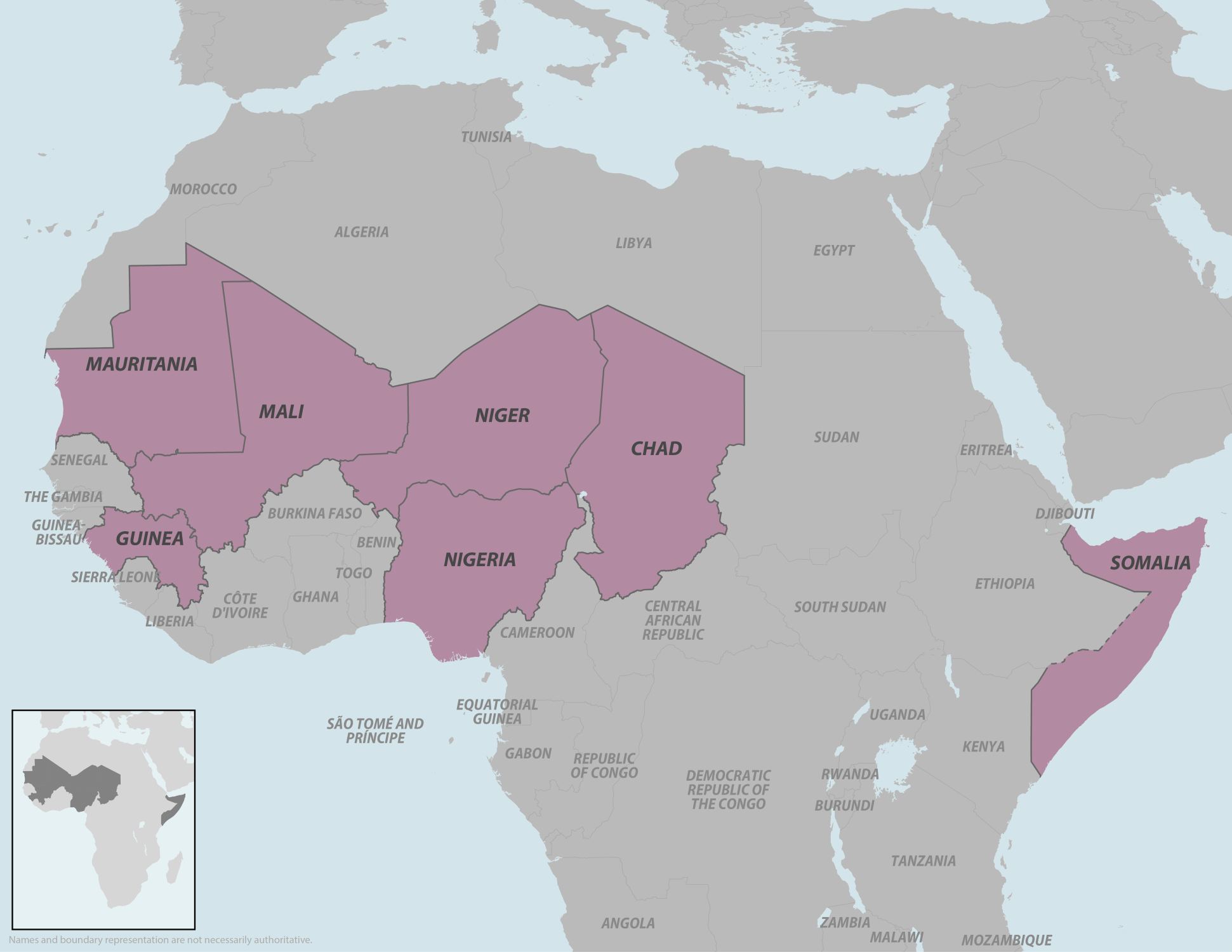 Map of Africa showing countries with diphtheria outbreaks: Chad, Guinea, Niger, Nigeria, Mali, Mauritania, Somalia
