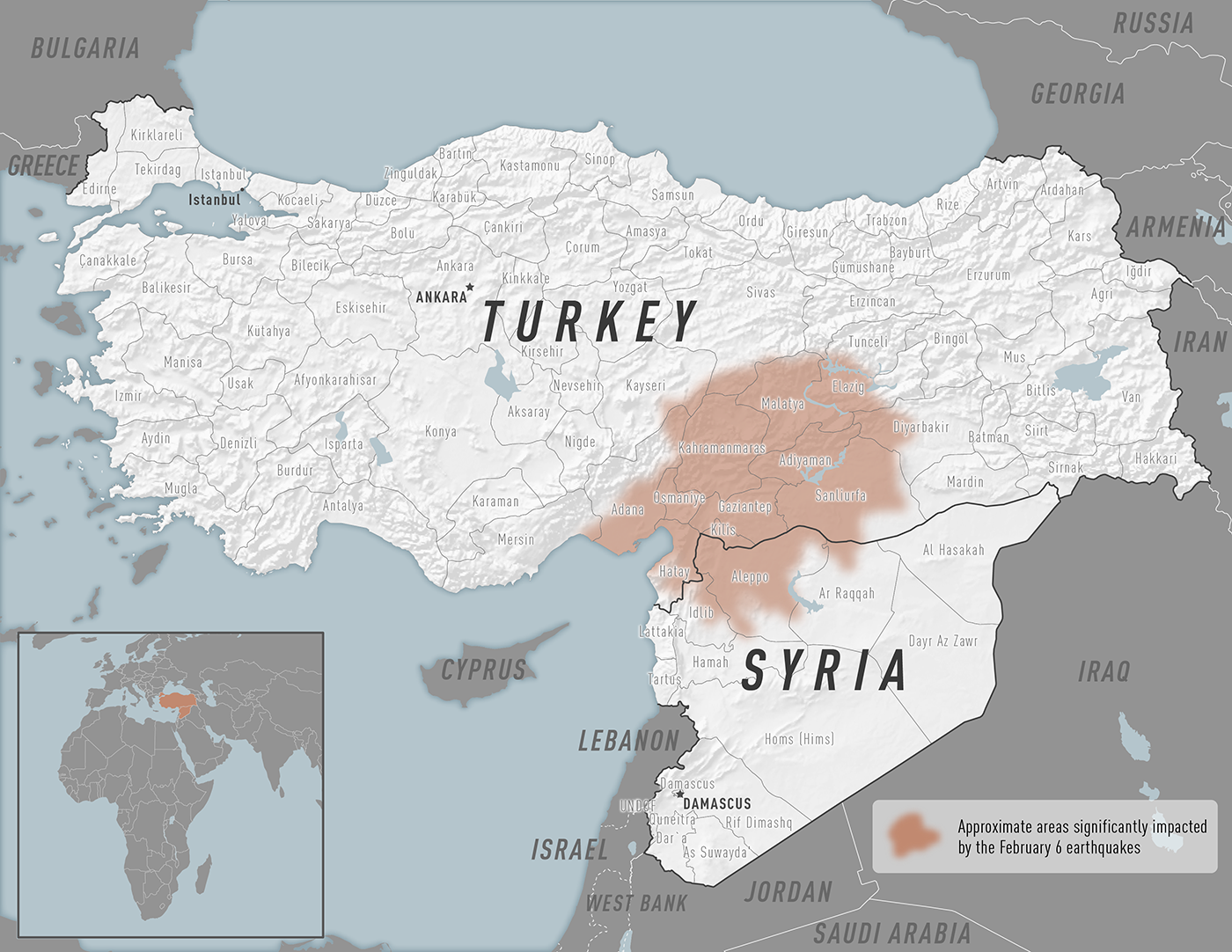 Map of earthquake impact in Turkey and Syria