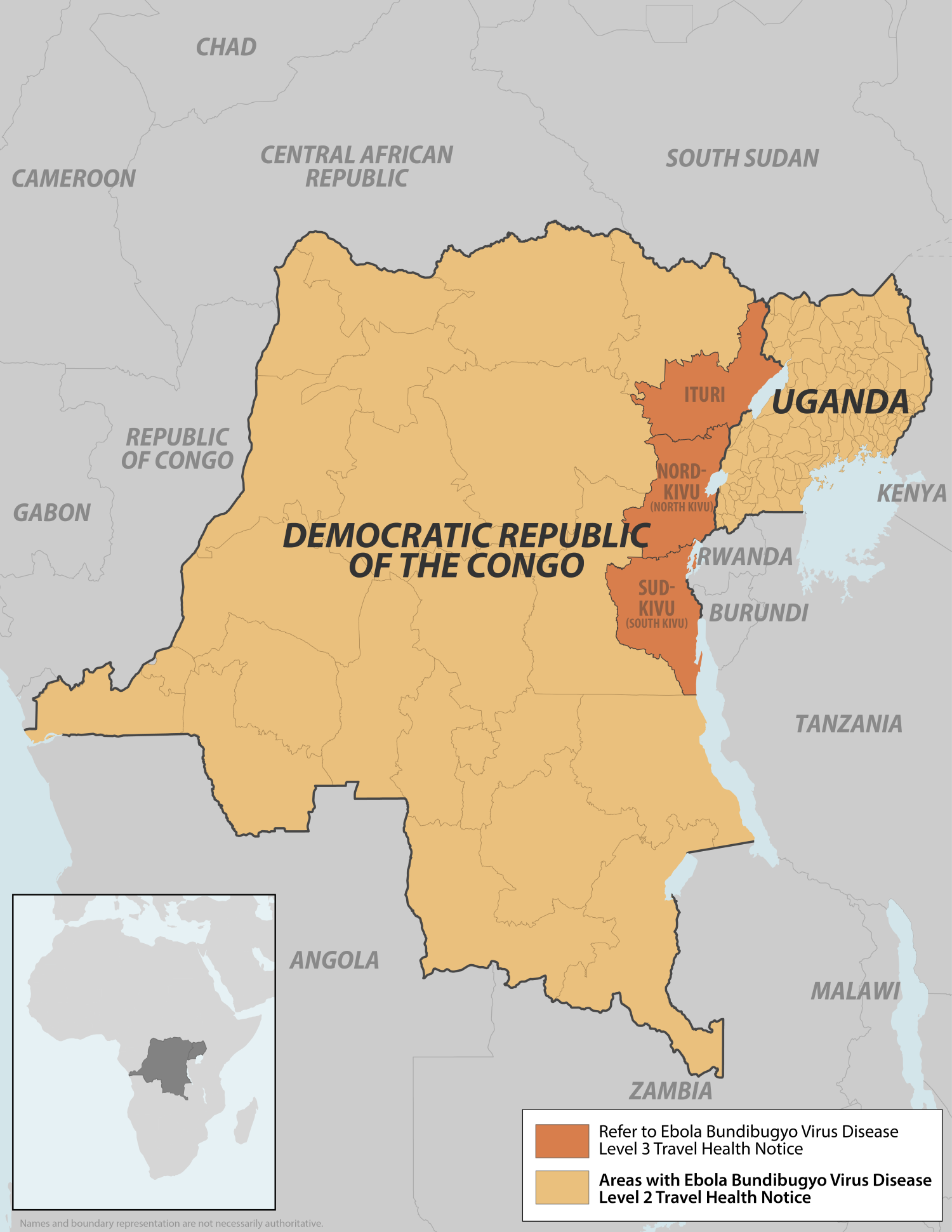 Level 3 travel health notice for Ebola Bundibugyo virus disease (BVD) outbreak areas Ituri, Nord-Kivu (North Kivu), and Sud-Kivu (South Kivu) provinces in the Democratic Republic of the Congo (DRC). Level 2 travel health notice for the rest of DRC and Uganda. 