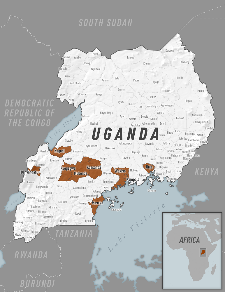 Ebola Uganda districts - Bunyangabu, Kagadi, Kassanda, Kyegegwa, Mubende, Wakiso, Kampala, Masaka, Jinja