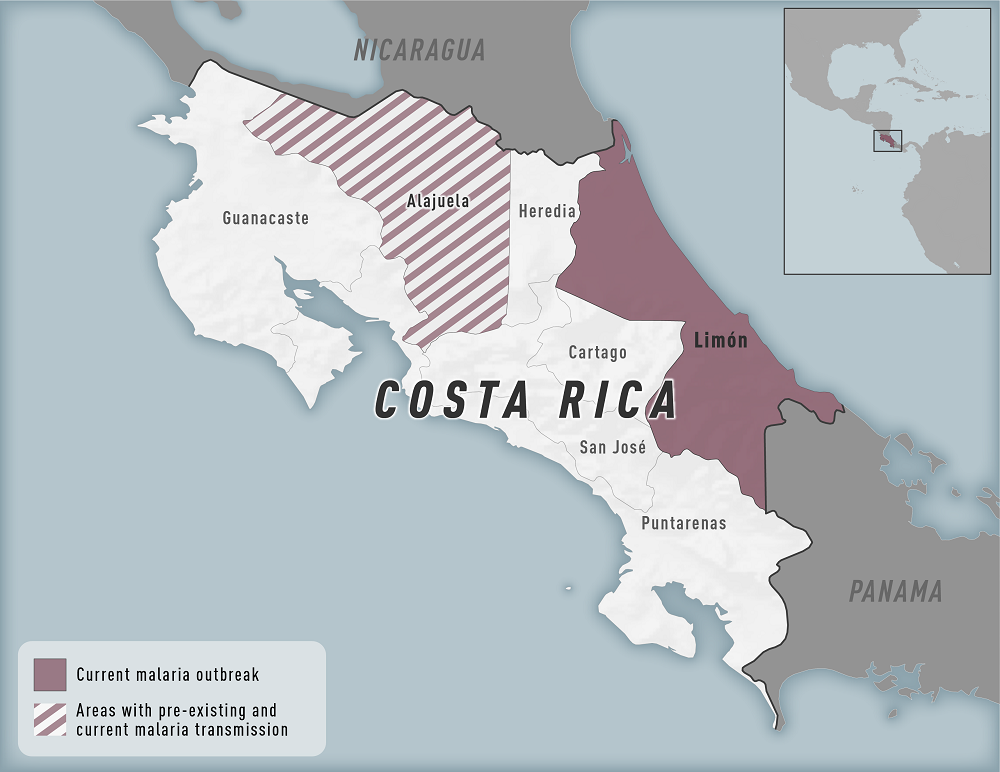 Area of malaria outbreak in Costa Rica