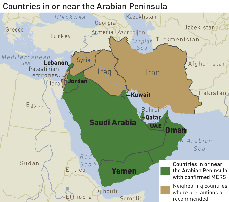 Image of map showing countries in Arabian Penninsula with and without confirmed MERs as detailed on this page.