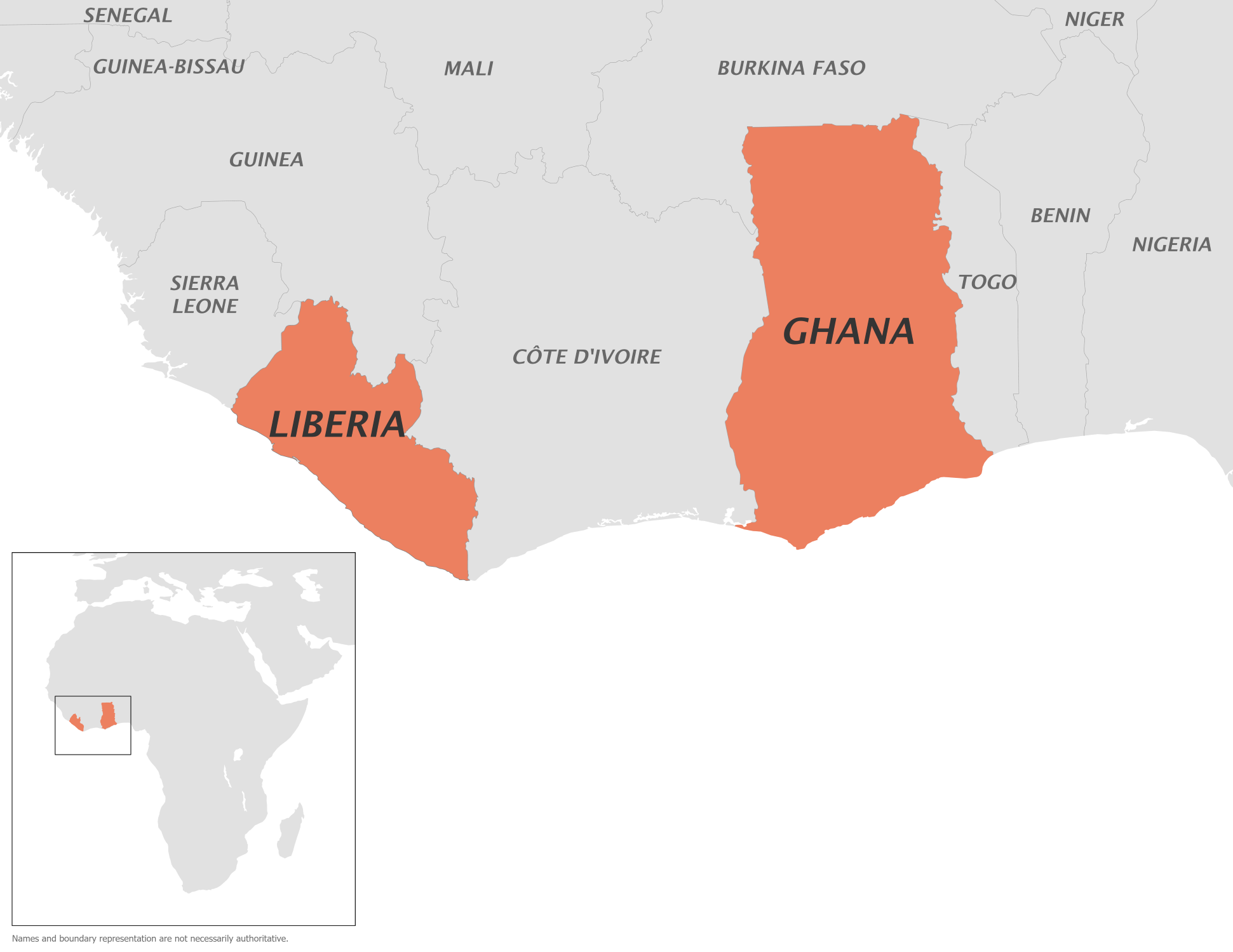 Map of western Africa with Ghana and Liberia shaded. Names and boundary representation are not necessarily authoritative.