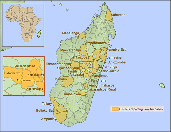 Map of Madagascar showing areas with plague. The most affected districts and cities include Antananarivo (the capital city and its suburbs), Toamasina, and the rural district of Faratsiho. Cases have also been reported in Ambatondrazaka, Ambohidratrimo, Andramasina, Ankazobe, Anosibe An'ala, Anta-Atsimondrano, Anta-Avaradrano, Anta-Renivohitra, Arivonimamo, Faratsiho, Maevatanana, Mahajanga I, Miarinarivo, Moramanga, Toamasina I, Toamasina II, Tsiroanomandidy, Vohémar, and Ambalavao.