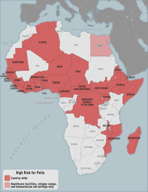 Map of countries in Africa where a booster dose of polio vaccine is recommended before travel